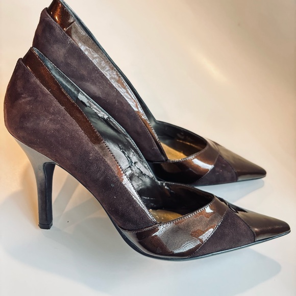 Nine West Brown Pointed Toe Suede Patent Leather Shoes Size 8 - Picture 6 of 15